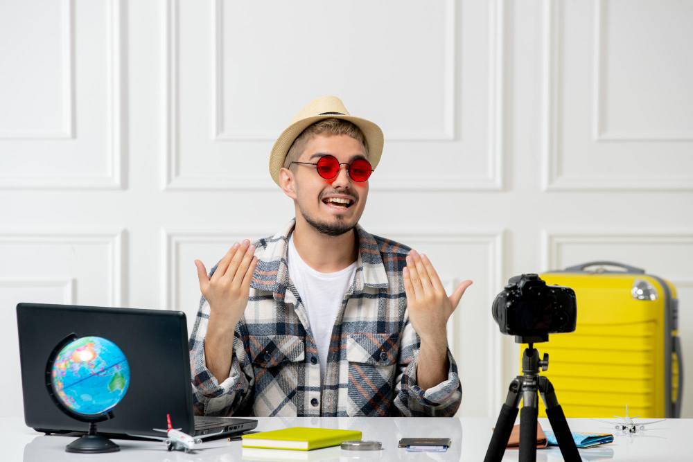 travel blogger straw hat young handsome guy recording trip vlog camera inviting join him