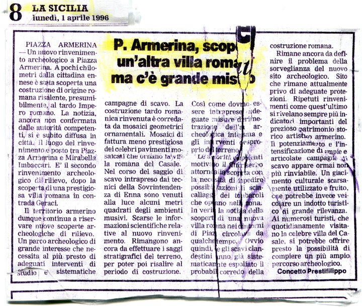 Quotidiano La Sicilia 1 Aprile 1996 sulla Villa Romana Rasalgone